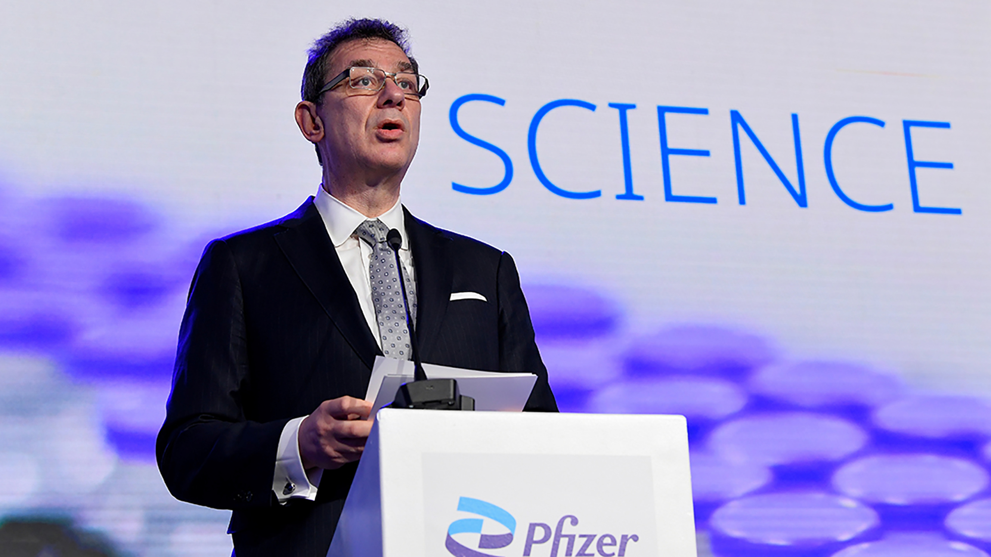 FILE PHOTO: Pfizer CEO Albert Bourla talks during a press conference after a visit at Pfizer vaccine plant in Puurs